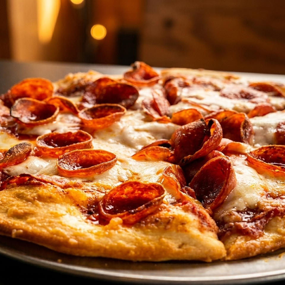 Large pepperoni pizza with melted cheese and a golden crust served on a metal tray in a warmly lit restaurant.