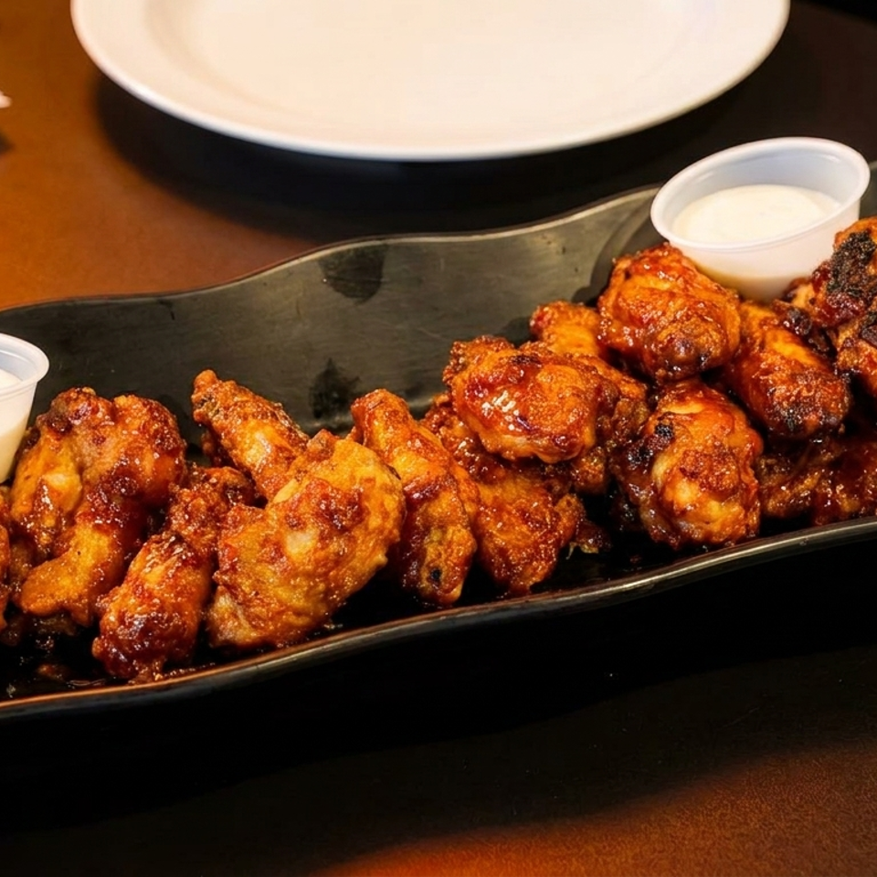 Platter of saucy chicken wings with three cups of creamy dipping sauce on a restaurant table.