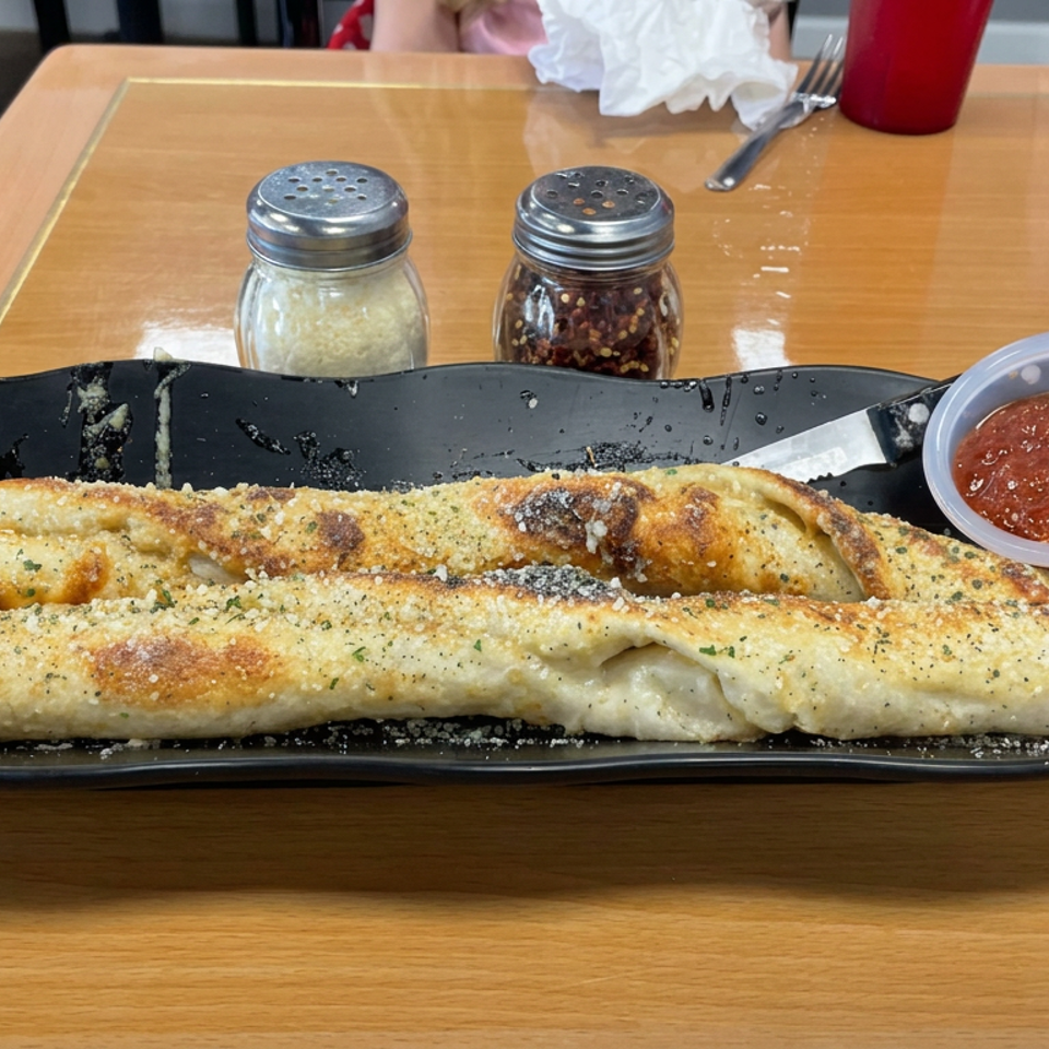 Two garlic-seasoned breadsticks served on a black platter with marinara dipping sauce, salt, and pepper shakers on a restaurant table.