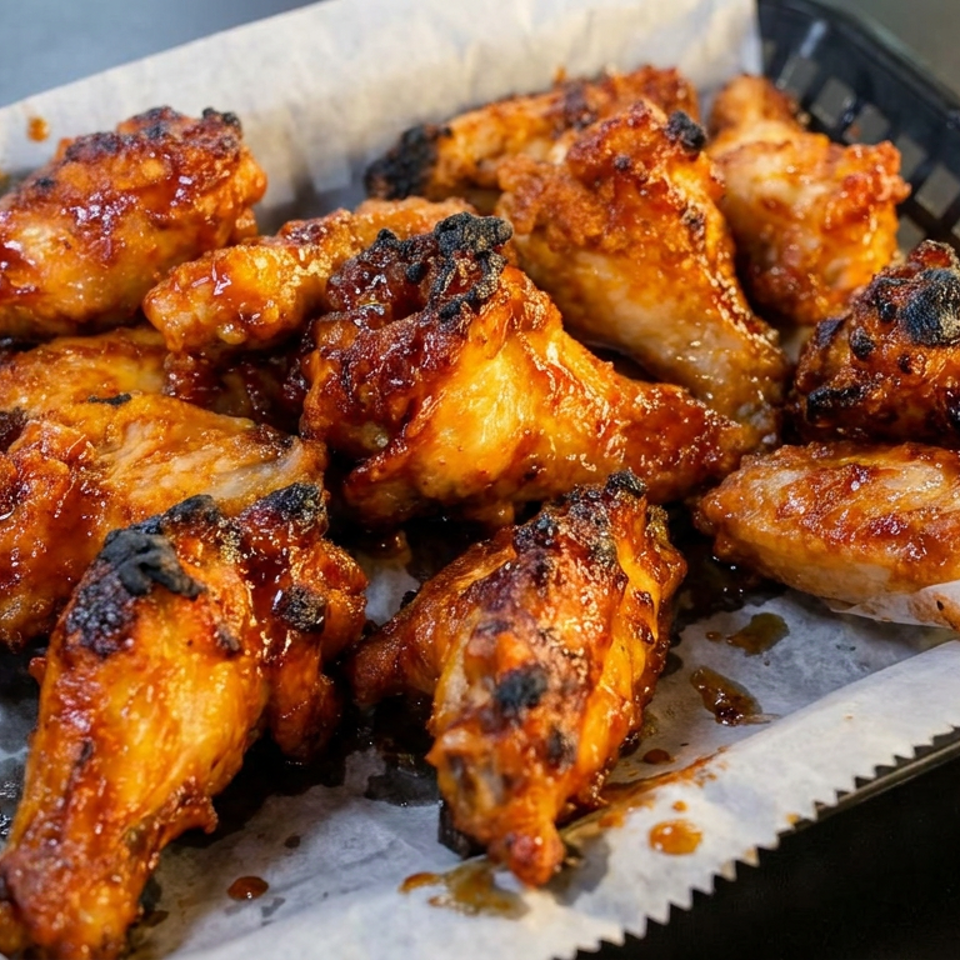 Glazed, charred chicken wings piled in a parchment-lined black serving basket.